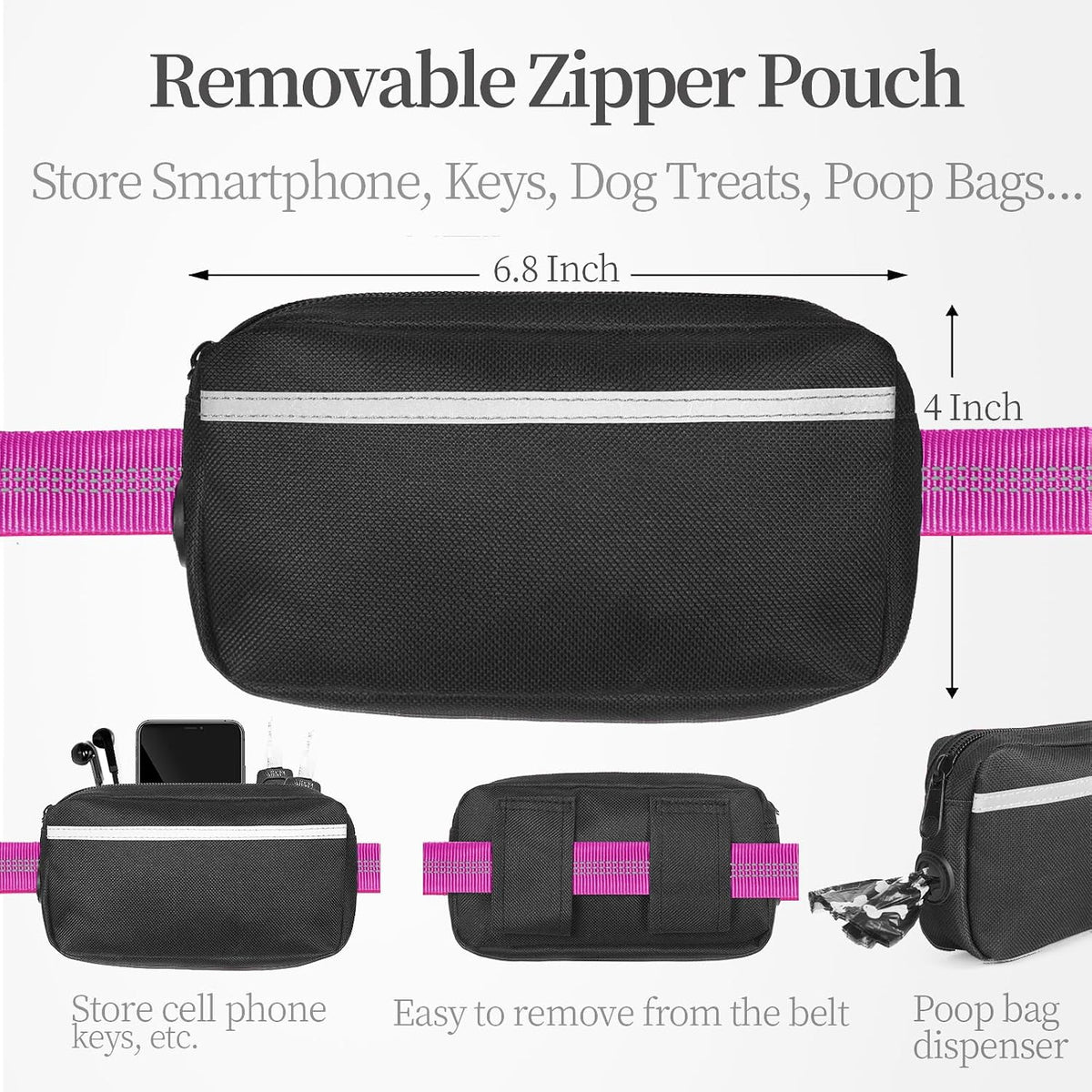 Hands Free Dog Leash with Zipper Pouch, Large, 25-120 lbs, Black