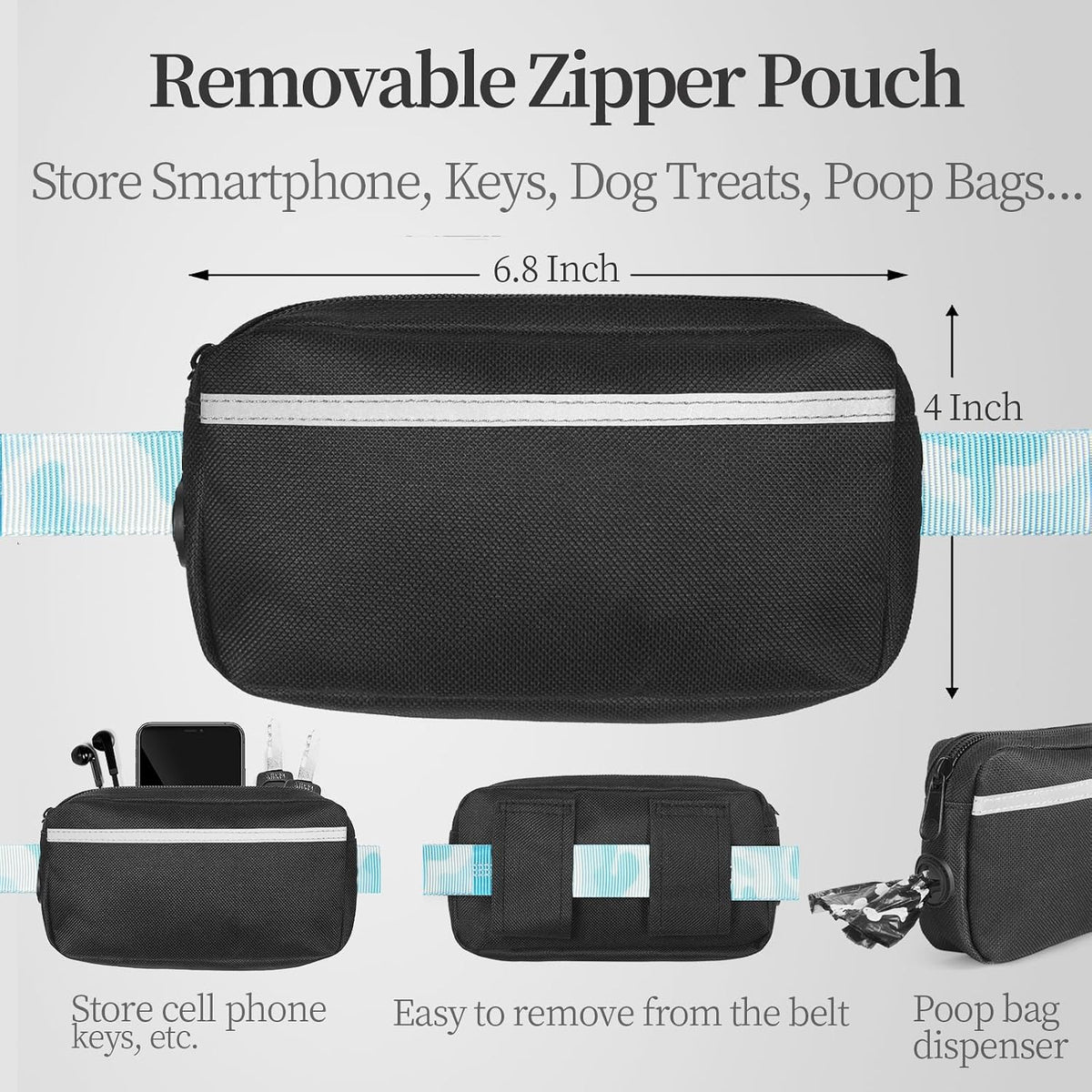 Hands Free Dog Leash with Zipper Pouch, Large, 25-120 lbs, Black
