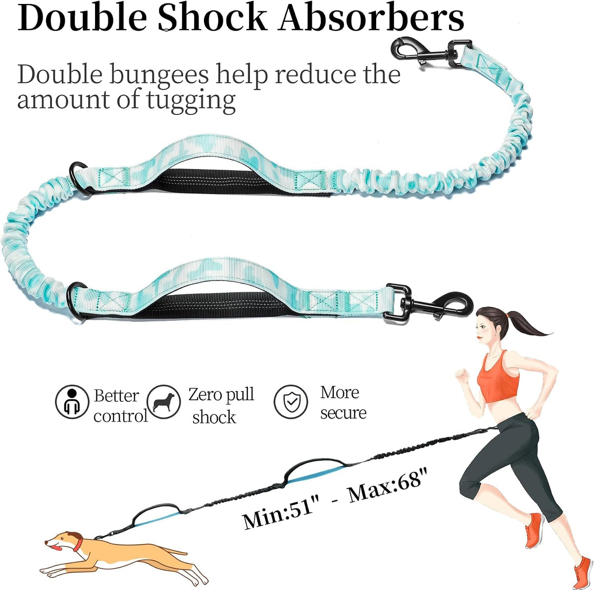 Hands Free Dog Leash with Zipper Pouch, Large, 25-120 lbs, Black