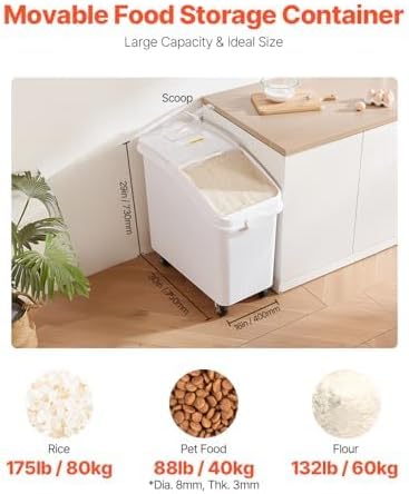 VEVOR Rice Storage Container, 4.5Gallon/20L Capacity Large Dog Food Dispenser Bin, Kitchen Ingredient Grain Cereal Flour Bin, Pet food Containers with Wheels, Measuring Cup, Airtight Lid, 1 Pack