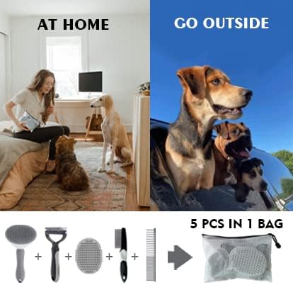 Dog Brush Grooming Kit 5PCS - Dog Brush for Shedding,Puppy Brush and Flea Comb for Dogs, Slicker Brush Comb and Dog Hair Brush Set Blue, Grooming at Home or Travel