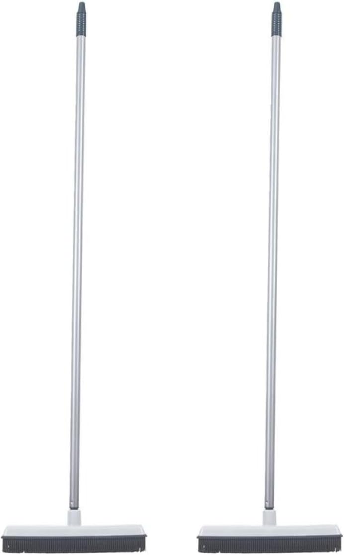 Rubber Bristle Broom for Floors Salon Broom, Rubber Squeegee Broom, Rug Broom, Rubber Rake for Human Hair, Pet Hair, Fur, Lint, Liquid, with 3-Part Handle, Grey
