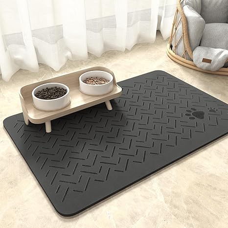 MontVoo Dog Food Mat-Pet Feeding Mat for Food and Water-No Stains Quick Dry Dispenser Cat Bowl Mat for Messy Drinkers(12"x19" Dark Grey)