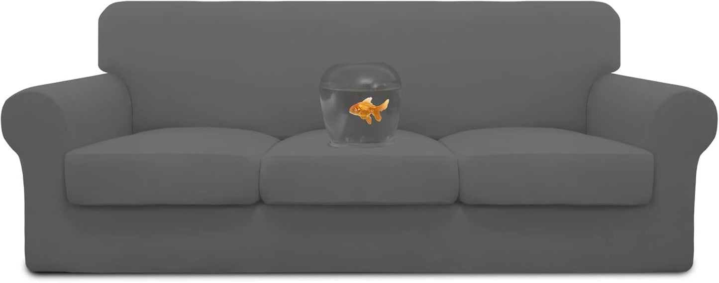 Easy-Going 100% Dual Waterproof 4 Pieces Stretch Soft Couch Cover for Dogs, Sofa Slipcover for 3 Separate Cushion Couch Leakproof Furniture Protector for Kids, Pets Dark Gray
