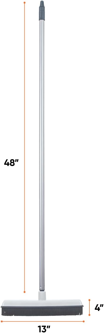 Rubber Bristle Broom for Floors Salon Broom, Rubber Squeegee Broom, Rug Broom, Rubber Rake for Human Hair, Pet Hair, Fur, Lint, Liquid, with 3-Part Handle, Grey