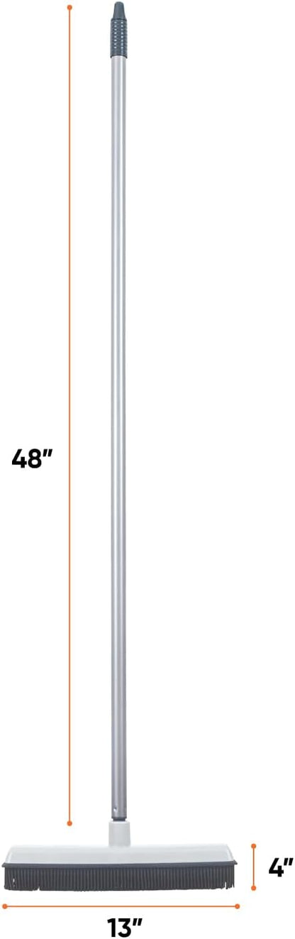 Rubber Bristle Broom for Floors Salon Broom, Rubber Squeegee Broom, Rug Broom, Rubber Rake for Human Hair, Pet Hair, Fur, Lint, Liquid, with 3-Part Handle, Grey