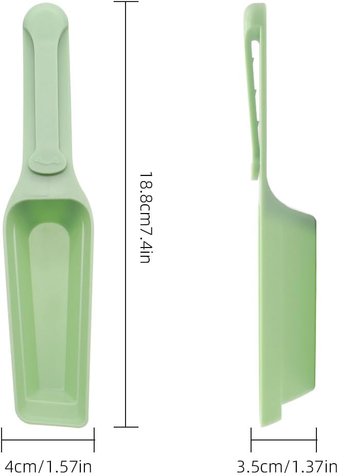 Pet food scoop and bag clip, multi-functional dog and cat food measuring spoon and spatula, capacity 100 grams (3.5 ounces), long-handled food sealing clip, 7.48 x 1.57 inches, green