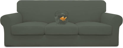 Easy-Going 100% Dual Waterproof 4 Pieces Stretch Soft Couch Cover for Dogs, Sofa Slipcover for 3 Separate Cushion Couch Leakproof Furniture Protector for Kids, Pets Dark Gray