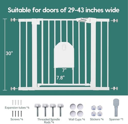 Babelio 36" Tall Auto Close Baby Gate with Small Cat Door, 29-43" Metal Cat Gate for Doorway, Stairs, House. Easy Walk Thru Dog Gate with pet Door, Includes 4 Wall Cups and 3 Extension Pieces, Black
