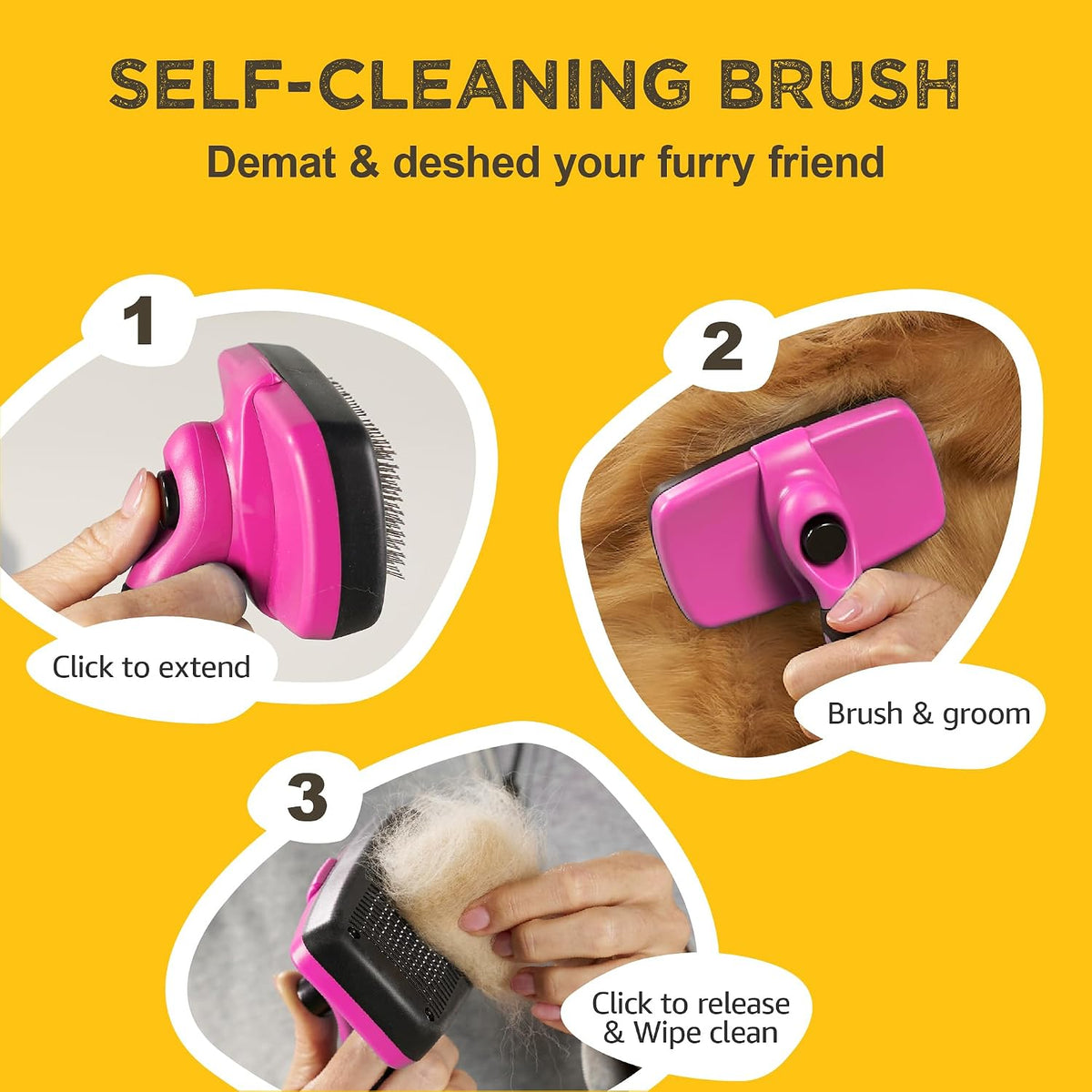 Deshedding Dog Brush for Shedding – Self Clean Cat Brush Deshedding & Grooming Tool for Long Haired and Short Haired Dogs, Slicker Brushes for Dogs, Skin-Friendly, Retractable Bristles, Easy to Clean