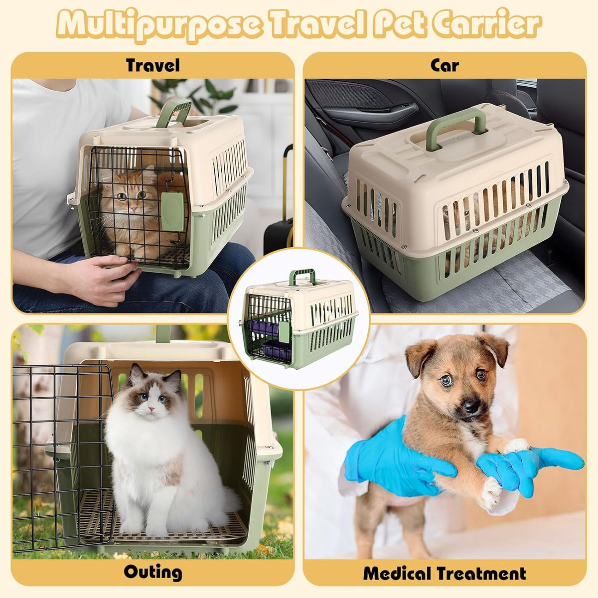 2 Set Hard Plastic Pet Carrier Breathable Dog Cat, Green White
