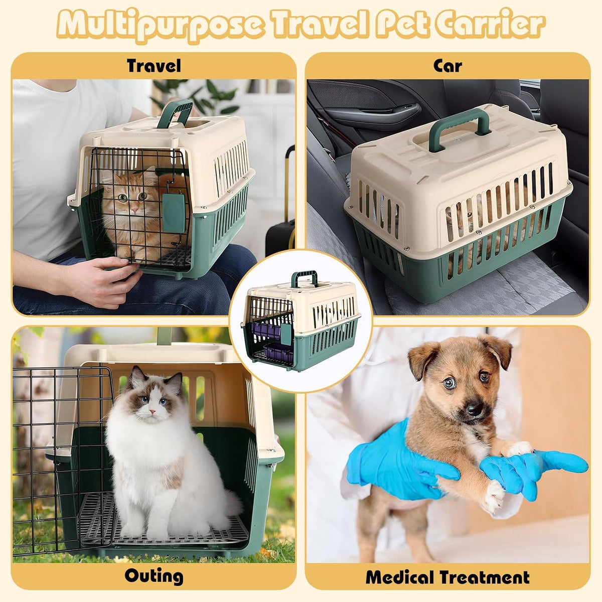 2 Set Hard Plastic Pet Carrier Breathable Dog Cat, Green White