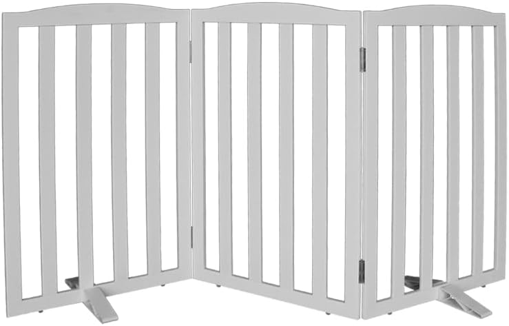 Freestanding Dog Gate Indoor,Doggie Gate Foldable Dog Gates for Doorways,Stairs or Hallways, Wooden White Pet Gate for the House, Pet Fence with Support Feet Included,24 "Height-4 Panels