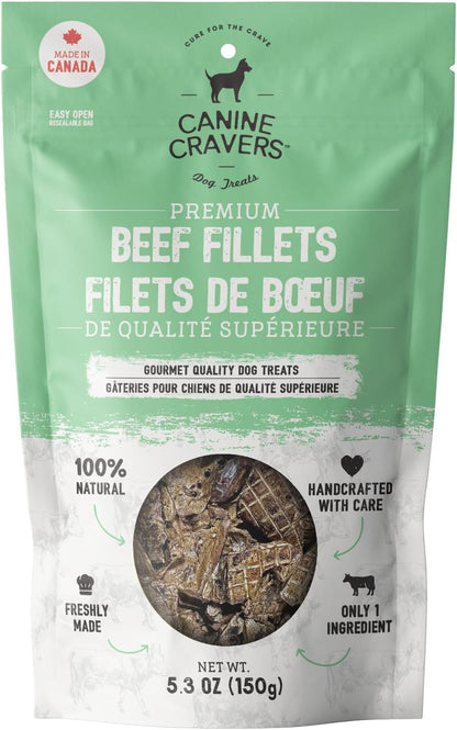 Canine Cravers Single Ingredient Dog Treats – Premium Beef Fillets - Human Grade Air Dried Hypoallergenic Pet Food – Grain, Gluten, and Soy Free – 100% All Natural - 5.3 oz