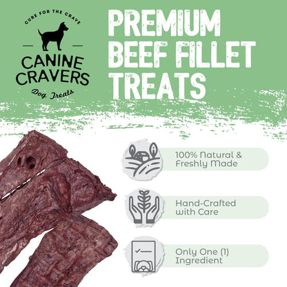 Canine Cravers Single Ingredient Dog Treats – Premium Beef Fillets - Human Grade Air Dried Hypoallergenic Pet Food – Grain, Gluten, and Soy Free – 100% All Natural - 5.3 oz
