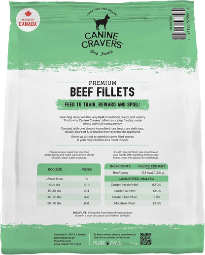Canine Cravers Single Ingredient Dog Treats – Premium Beef Fillets - Human Grade Air Dried Hypoallergenic Pet Food – Grain, Gluten, and Soy Free – 100% All Natural - 5.3 oz