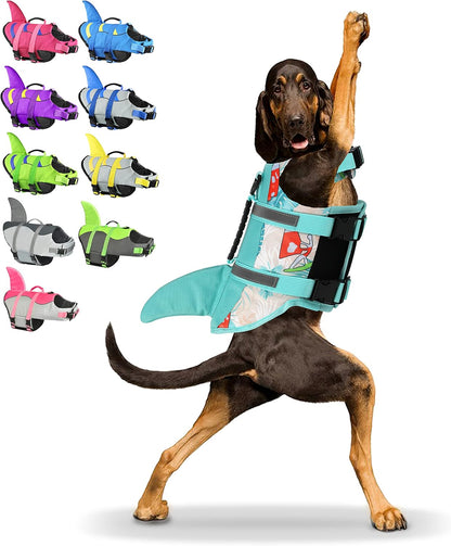 Dog Life Jacket Shark, Dog Life Vest Adjustable Ripstop, Dog Swimming Safety Vest with Superior Buoyancy & Rescue Handle for Small Medium Large Dogs, Swim, Pool, Beach, Boating