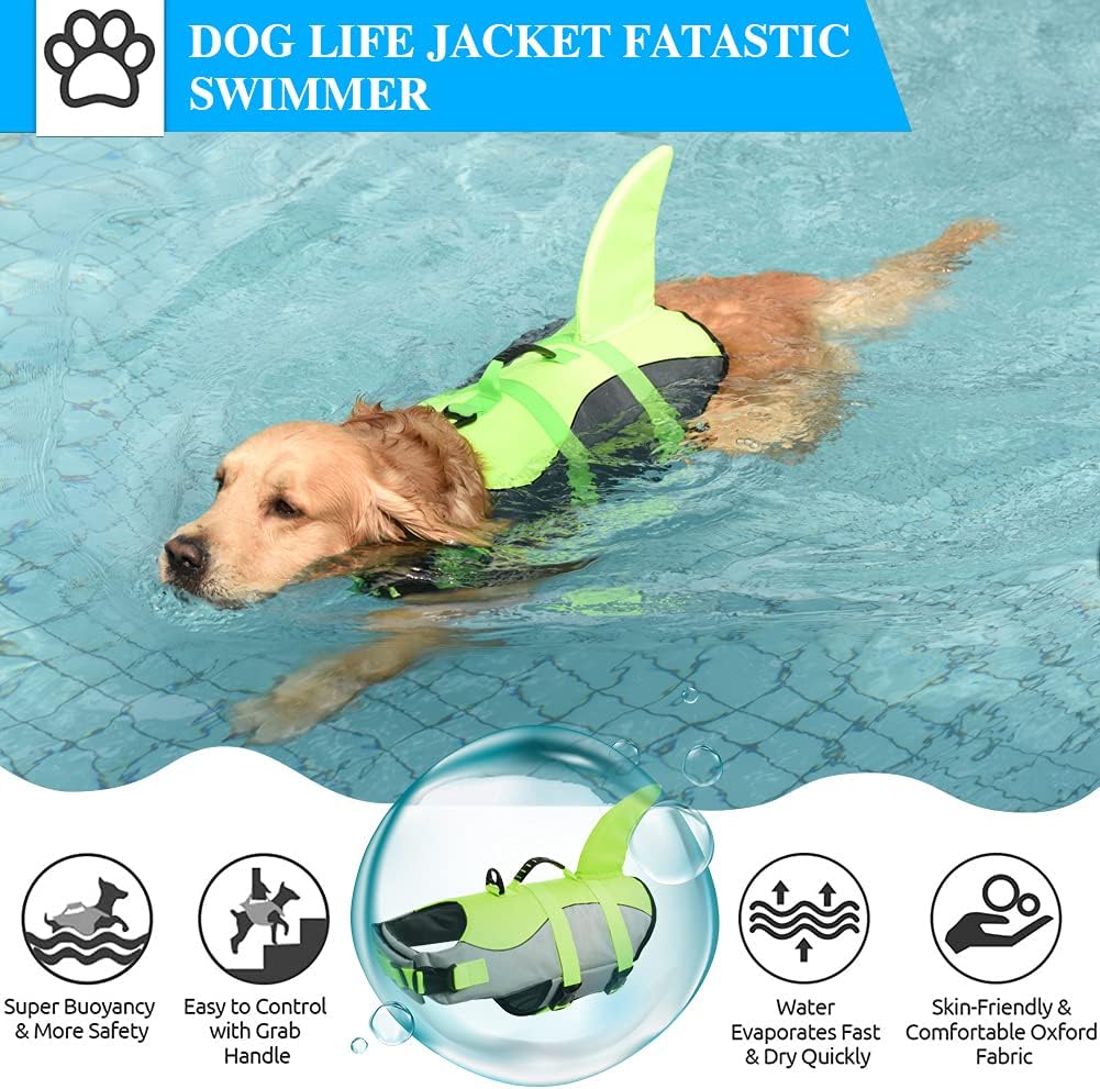 Dog Life Jacket Shark, Dog Life Vest Adjustable Ripstop, Dog Swimming Safety Vest with Superior Buoyancy & Rescue Handle for Small Medium Large Dogs, Swim, Pool, Beach, Boating
