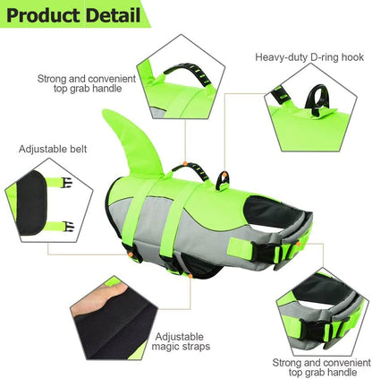 Dog Life Jacket Shark, Dog Life Vest Adjustable Ripstop, Dog Swimming Safety Vest with Superior Buoyancy & Rescue Handle for Small Medium Large Dogs, Swim, Pool, Beach, Boating