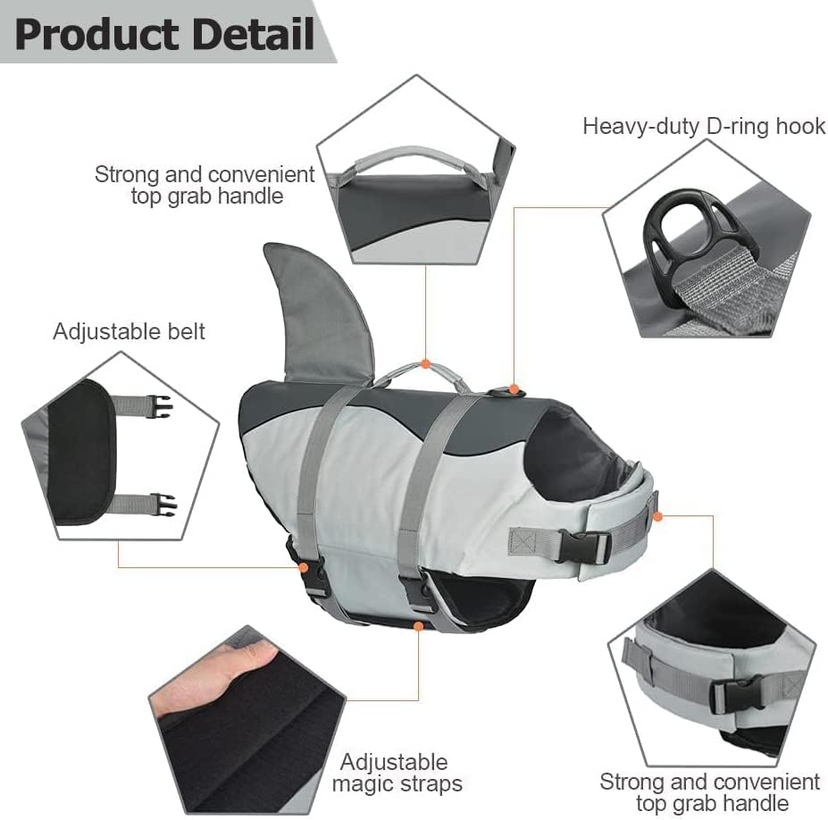 Dog Life Jacket Shark, Dog Life Vest Adjustable Ripstop, Dog Swimming Safety Vest with Superior Buoyancy & Rescue Handle for Small Medium Large Dogs, Swim, Pool, Beach, Boating