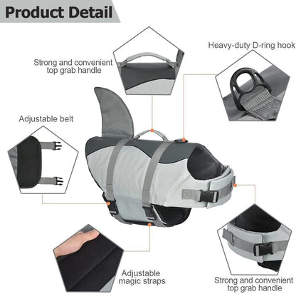 Dog Life Jacket Shark, Dog Life Vest Adjustable Ripstop, Dog Swimming Safety Vest with Superior Buoyancy & Rescue Handle for Small Medium Large Dogs, Swim, Pool, Beach, Boating