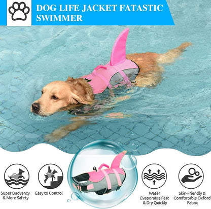 Dog Life Jacket Shark, Dog Life Vest Adjustable Ripstop, Dog Swimming Safety Vest with Superior Buoyancy & Rescue Handle for Small Medium Large Dogs, Swim, Pool, Beach, Boating