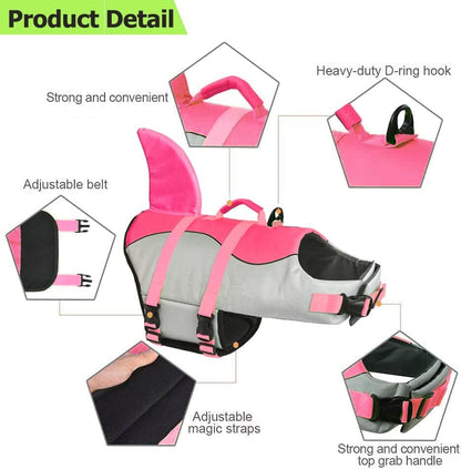 Dog Life Jacket Shark, Dog Life Vest Adjustable Ripstop, Dog Swimming Safety Vest with Superior Buoyancy & Rescue Handle for Small Medium Large Dogs, Swim, Pool, Beach, Boating
