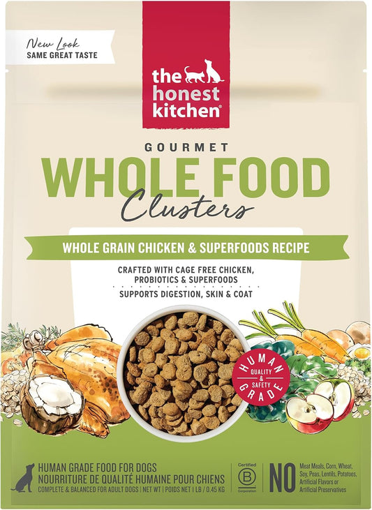 Whole Grain Chicken & Superfoods Whole Food Clusters, Vet Crafted Human Grade Dry Dog Food, Skin, Coat, Digestion & Healthy Weight, Trial Size, 1 lb Bag