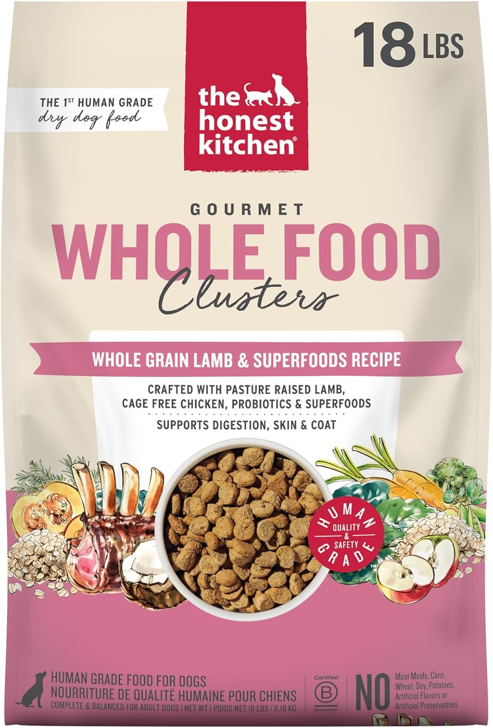 Whole Grain Chicken & Superfoods Whole Food Clusters, Vet Crafted Human Grade Dry Dog Food, Skin, Coat, Digestion & Healthy Weight, Trial Size, 1 lb Bag
