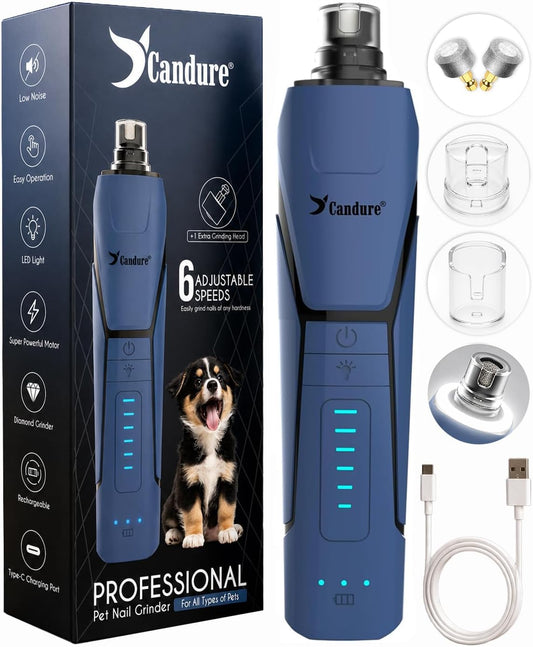 Whisper Quiet Dog Nail Grinder with 360 Degree LED Light, 6-Speed Rechargeable Pet Nail Trimmers with Extra Grinding Head for Safe, Stress-Free Grooming for All Pet Sizes (Dark Blue)