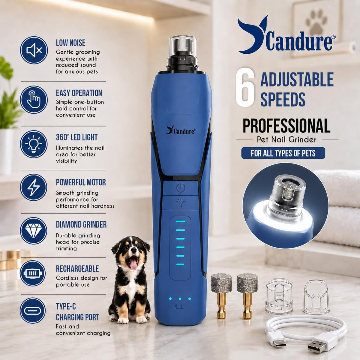 Whisper Quiet Dog Nail Grinder with 360 Degree LED Light, 6-Speed Rechargeable Pet Nail Trimmers with Extra Grinding Head for Safe, Stress-Free Grooming for All Pet Sizes (Dark Blue)