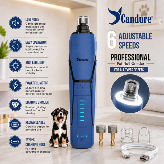 Whisper Quiet Dog Nail Grinder with 360 Degree LED Light, 6-Speed Rechargeable Pet Nail Trimmers with Extra Grinding Head for Safe, Stress-Free Grooming for All Pet Sizes (Dark Blue)