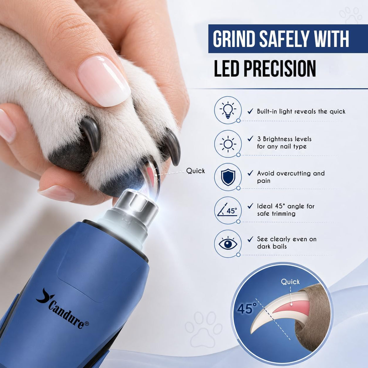 Whisper Quiet Dog Nail Grinder with 360 Degree LED Light, 6-Speed Rechargeable Pet Nail Trimmers with Extra Grinding Head for Safe, Stress-Free Grooming for All Pet Sizes (Dark Blue)