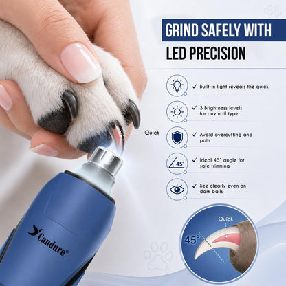 Whisper Quiet Dog Nail Grinder with 360 Degree LED Light, 6-Speed Rechargeable Pet Nail Trimmers with Extra Grinding Head for Safe, Stress-Free Grooming for All Pet Sizes (Dark Blue)