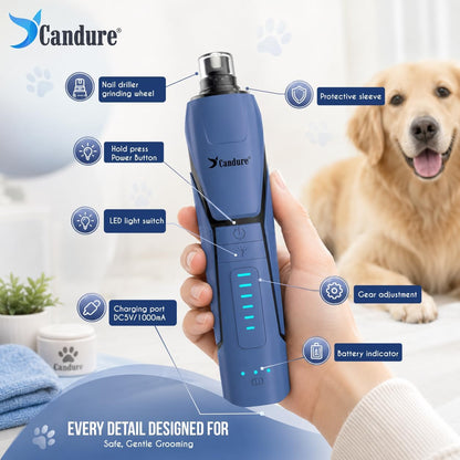 Whisper Quiet Dog Nail Grinder with 360 Degree LED Light, 6-Speed Rechargeable Pet Nail Trimmers with Extra Grinding Head for Safe, Stress-Free Grooming for All Pet Sizes (Dark Blue)