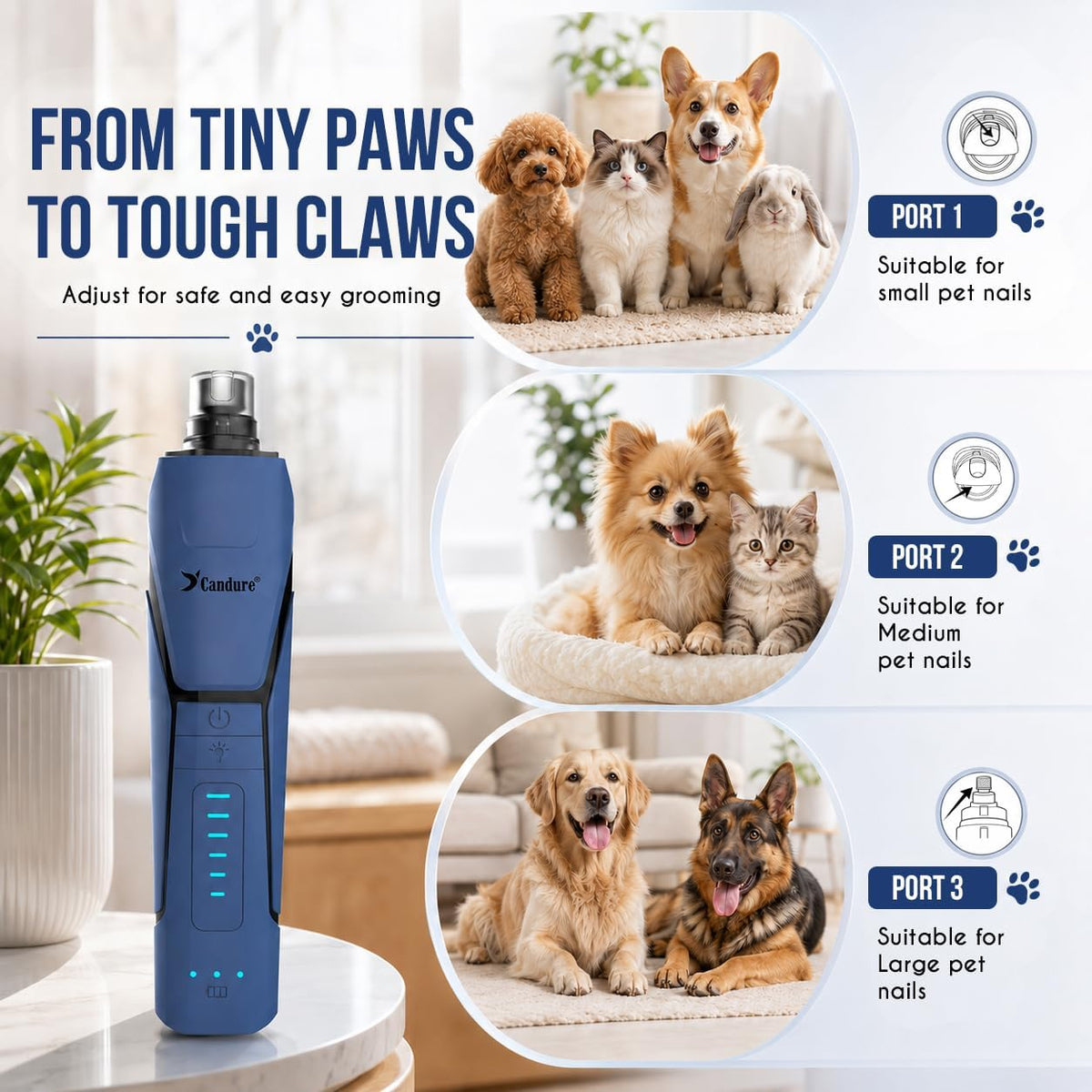 Whisper Quiet Dog Nail Grinder with 360 Degree LED Light, 6-Speed Rechargeable Pet Nail Trimmers with Extra Grinding Head for Safe, Stress-Free Grooming for All Pet Sizes (Dark Blue)