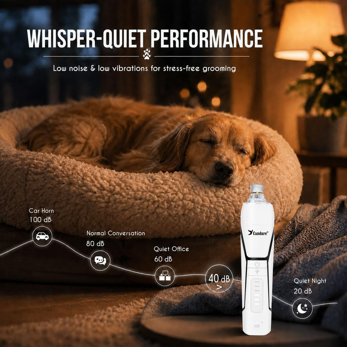 Whisper Quiet Dog Nail Grinder with 360 Degree LED Light, 6-Speed Rechargeable Pet Nail Trimmers with Extra Grinding Head for Safe, Stress-Free Grooming for All Pet Sizes (Dark Blue)