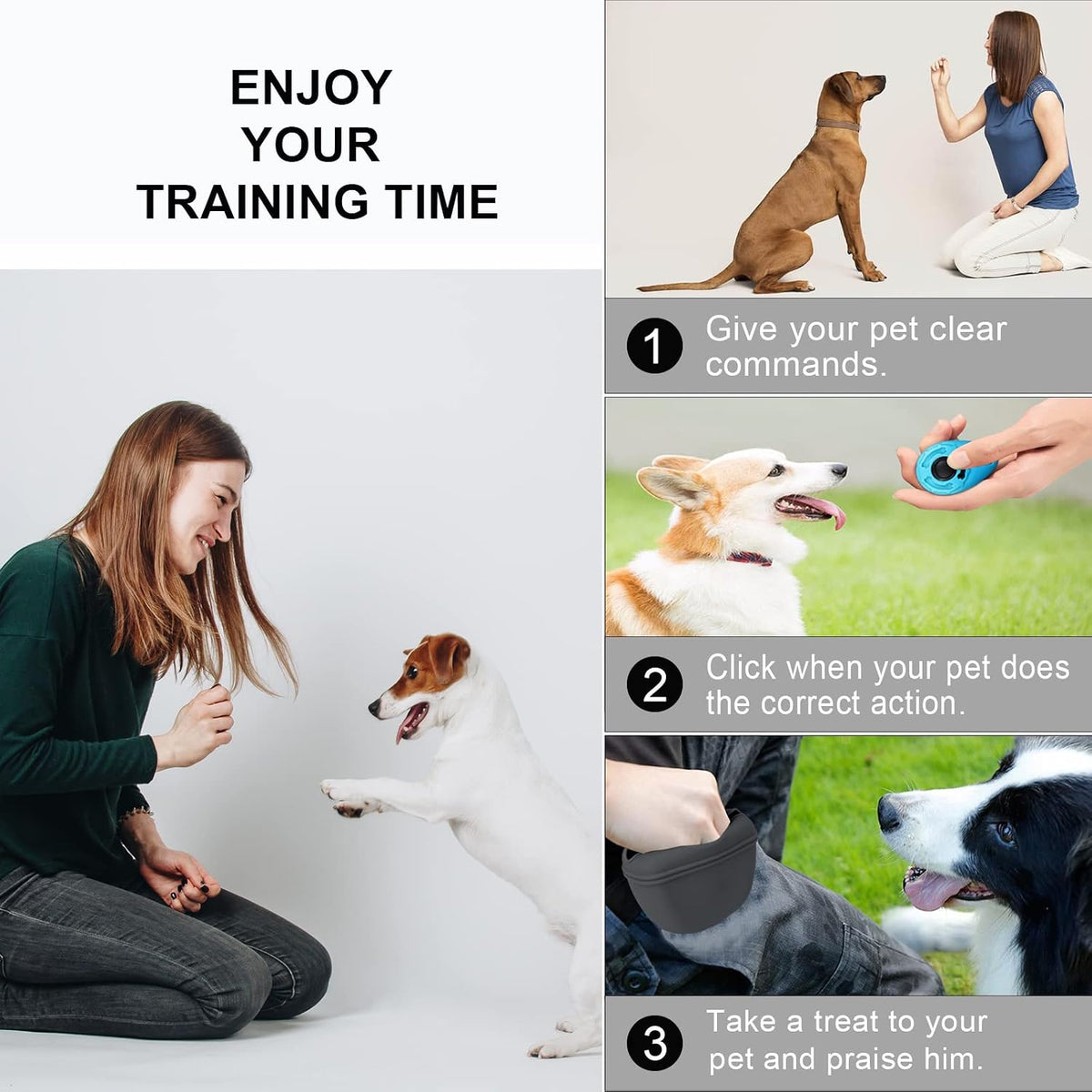 Dog Clicker Training Kit,Silicone Dog Training Treat Pouch and Dog Clickers,Dog Treat Bag with Clicker Training for Dogs,Pet Treat Bag with Magnetic Buckle Closing and Waist Clip,Black