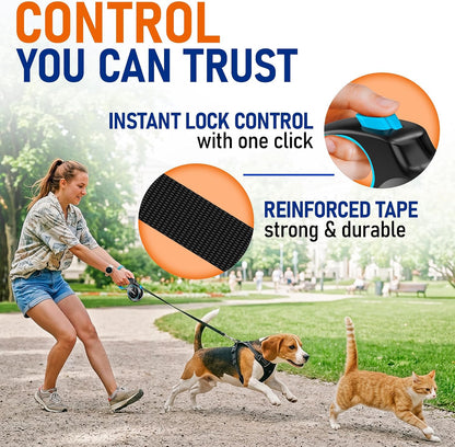 20.1 ft for Dogs 10–100 lbs - Heavy Duty Tape Leash with Strong Nylon Tape - 360° Swivel Control - One-Click Brake & Lock - Ergonomic Non-Slip Grip for Safe & Easy Daily Walks BL