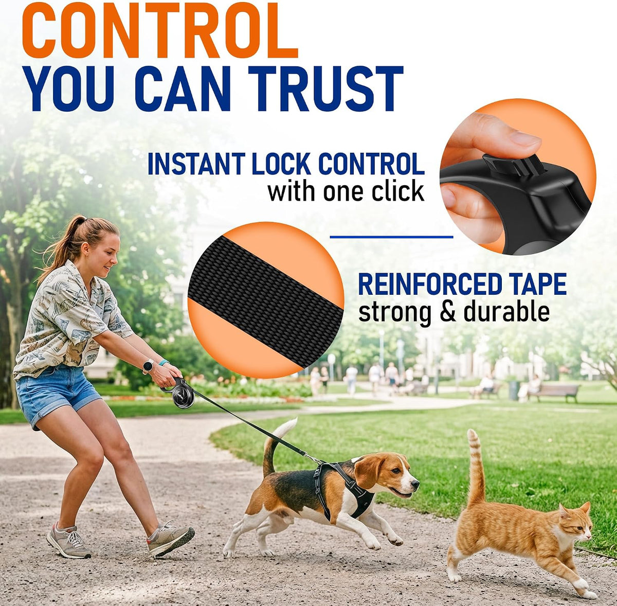 20.1 ft for Dogs 10–100 lbs - Heavy Duty Tape Leash with Strong Nylon Tape - 360° Swivel Control - One-Click Brake & Lock - Ergonomic Non-Slip Grip for Safe & Easy Daily Walks BL