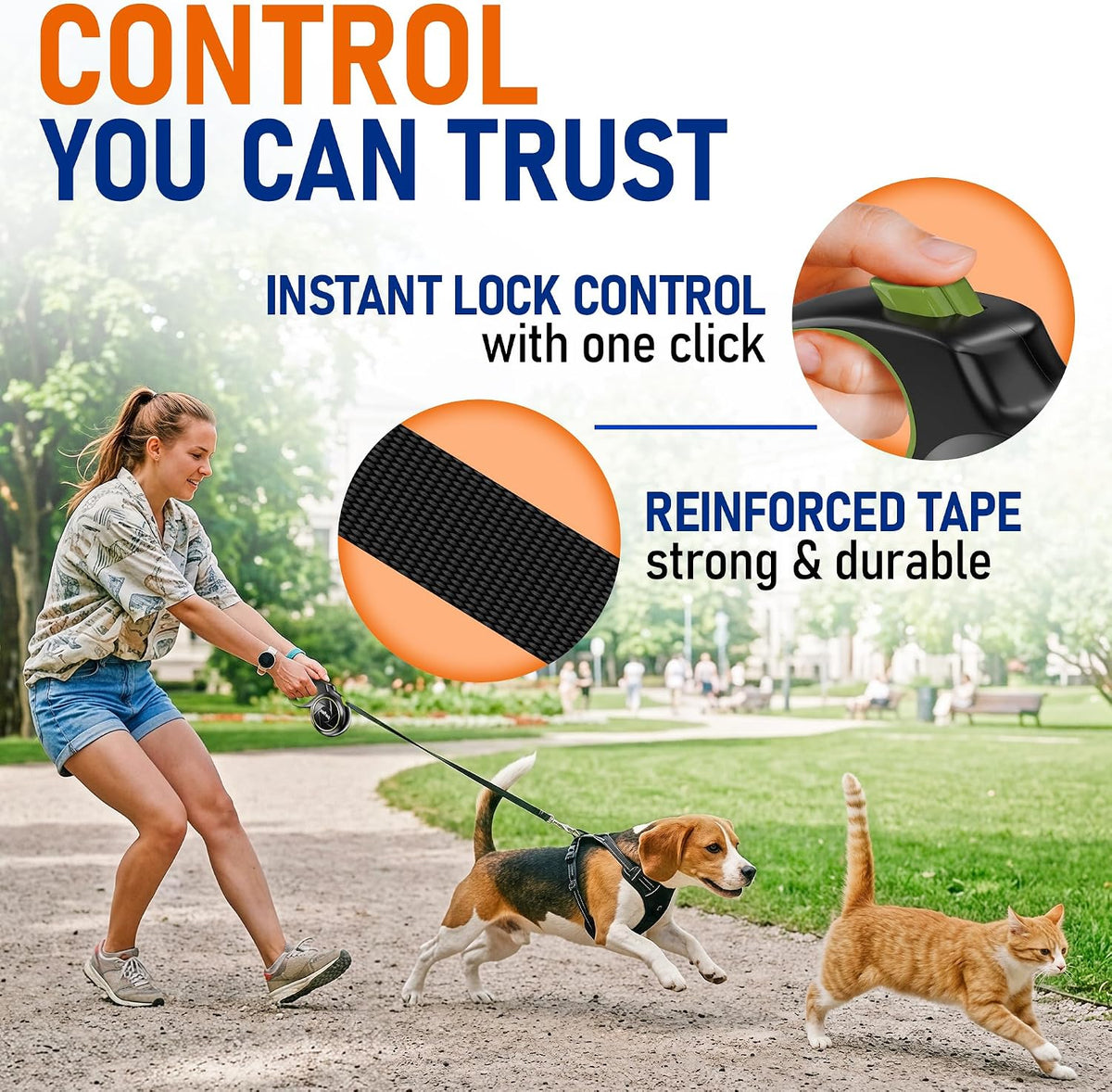 20.1 ft for Dogs 10–100 lbs - Heavy Duty Tape Leash with Strong Nylon Tape - 360° Swivel Control - One-Click Brake & Lock - Ergonomic Non-Slip Grip for Safe & Easy Daily Walks BL