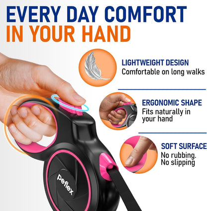 20.1 ft for Dogs 10–100 lbs - Heavy Duty Tape Leash with Strong Nylon Tape - 360° Swivel Control - One-Click Brake & Lock - Ergonomic Non-Slip Grip for Safe & Easy Daily Walks BL