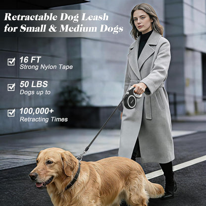 Retractable Dog Leash with Stainless Steel Anti-Chew Cable for Small & Medium Dogs up to 50 lbs | 16 ft Strong Nylon Reflective Tape | Quick Lock System (Medium, White)