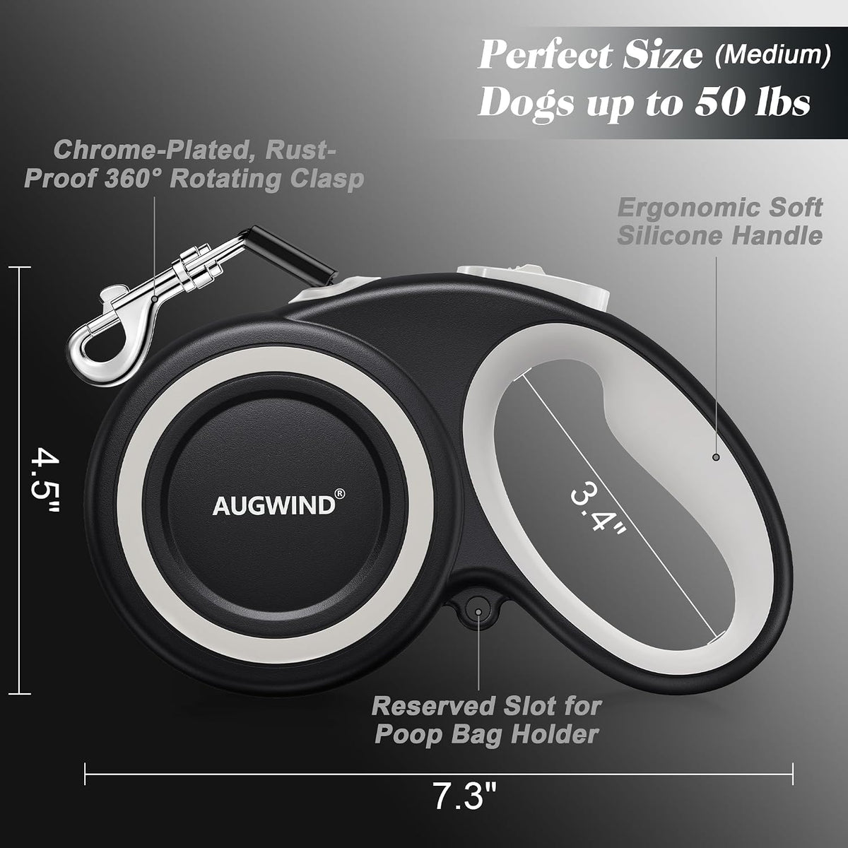 Retractable Dog Leash with Stainless Steel Anti-Chew Cable for Small & Medium Dogs up to 50 lbs | 16 ft Strong Nylon Reflective Tape | Quick Lock System (Medium, White)