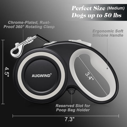 Retractable Dog Leash with Stainless Steel Anti-Chew Cable for Small & Medium Dogs up to 50 lbs | 16 ft Strong Nylon Reflective Tape | Quick Lock System (Medium, White)