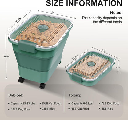 Dog Food Storage Container, 15-23 Lbs Collapsible Dog Food Container with Transparent Airtight Lid, Wheels and Scoop, Travel Pet Food Storage Container for Cat, Dog and Bird, Keep Dry Food Fresh