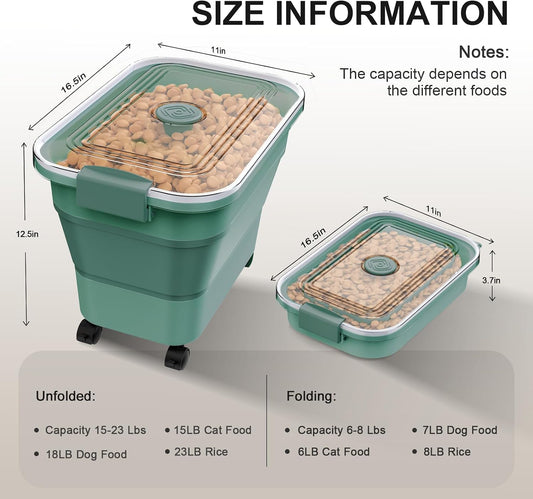 Dog Food Storage Container, 15-23 Lbs Collapsible Dog Food Container with Transparent Airtight Lid, Wheels and Scoop, Travel Pet Food Storage Container for Cat, Dog and Bird, Keep Dry Food Fresh