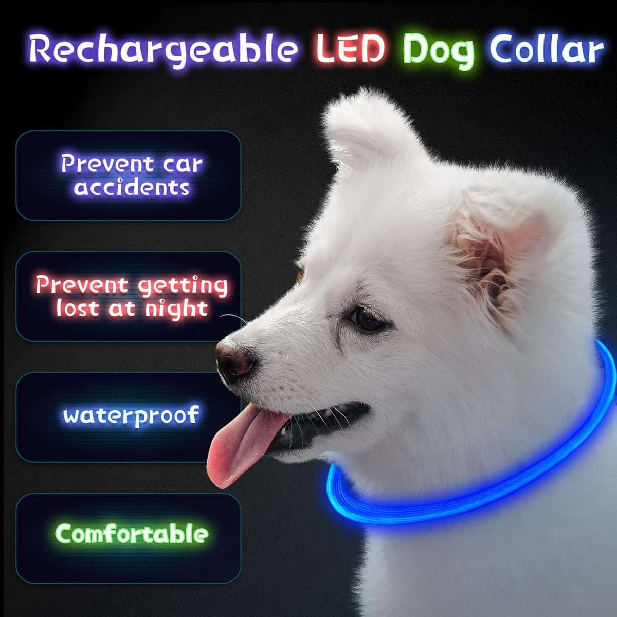 3 Pcs Light up Dog Collar LED USB Rechargeable, 3 Natural Colors