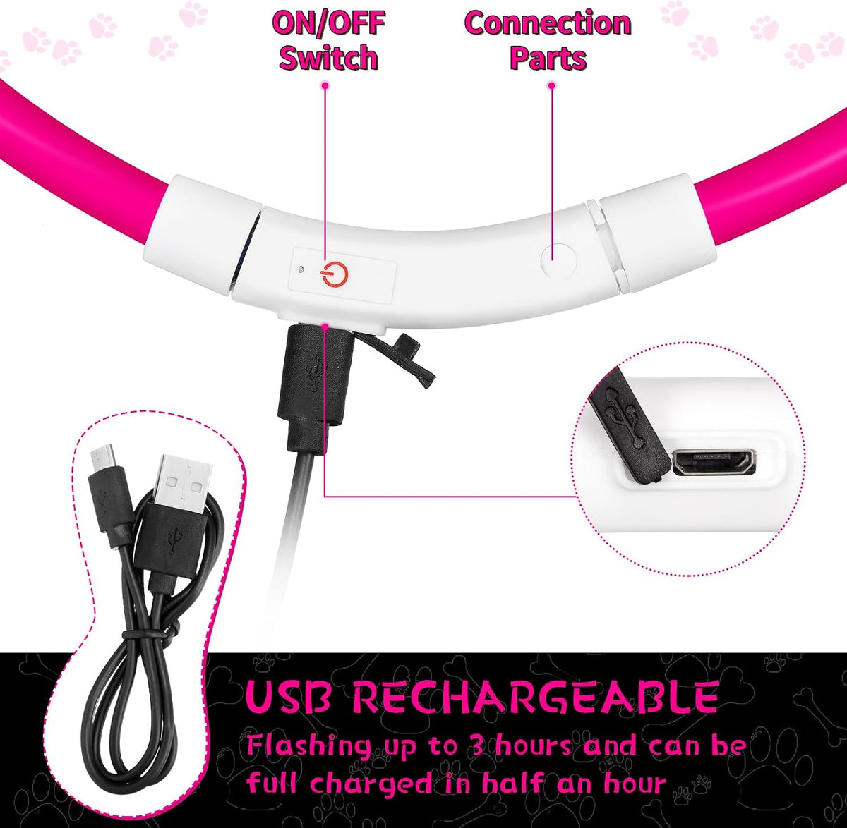 3 Pcs Light up Dog Collar LED USB Rechargeable, 3 Natural Colors