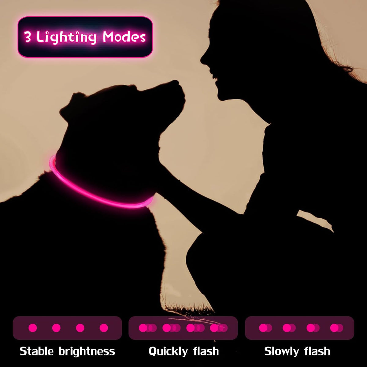 3 Pcs Light up Dog Collar LED USB Rechargeable, 3 Natural Colors